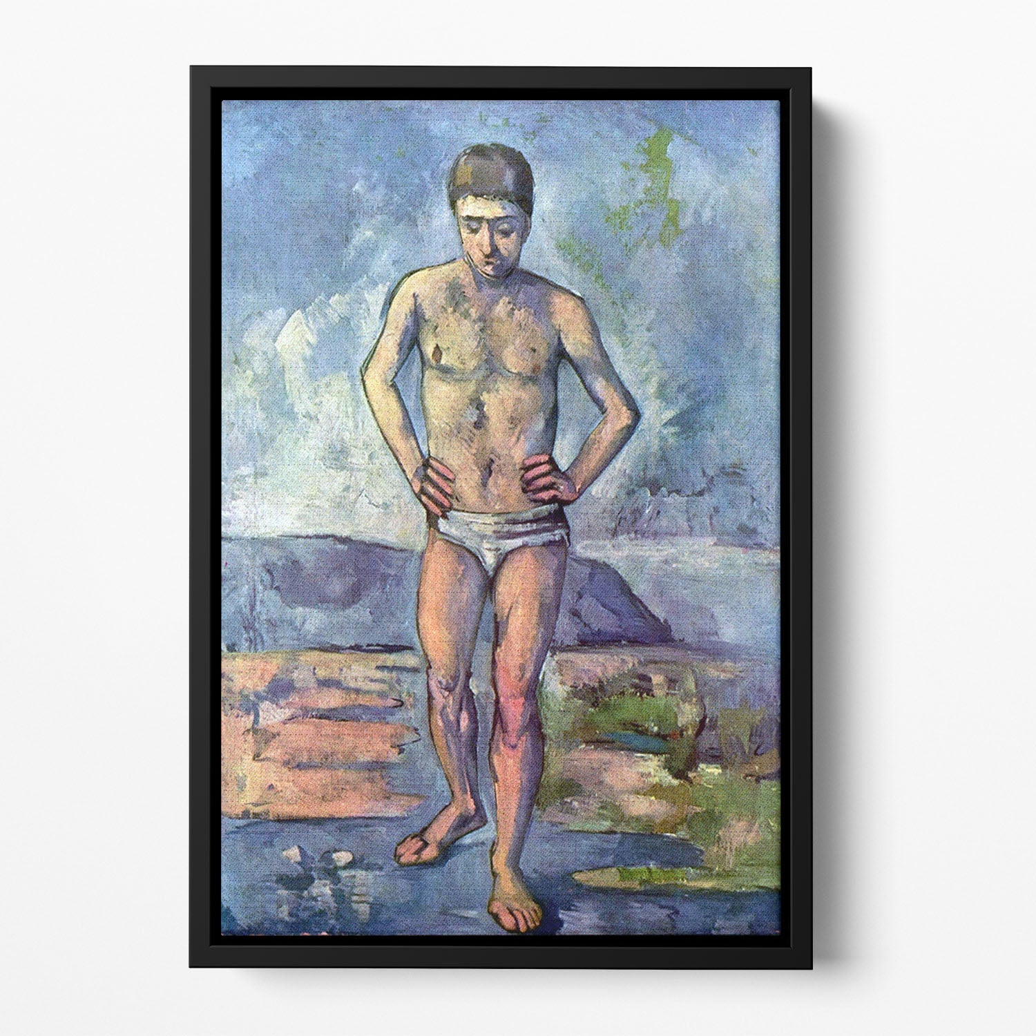 A vibrant floating framed canvas featuring 'A Swimmer' by Cezanne, showcasing abstract colors and forms.